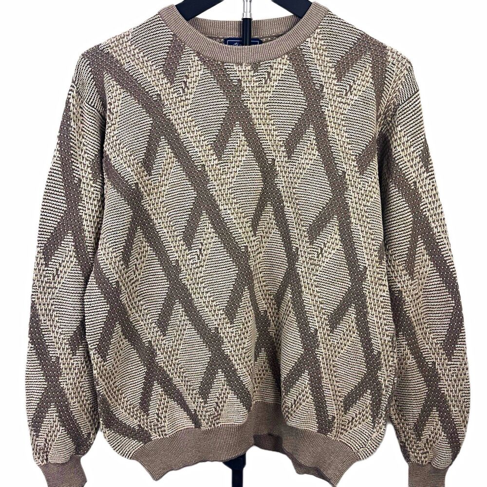 Peconic Bay Traders VTG 90’s Men’s L Gray Beige Knit Cotton Sweater Grandpa Core